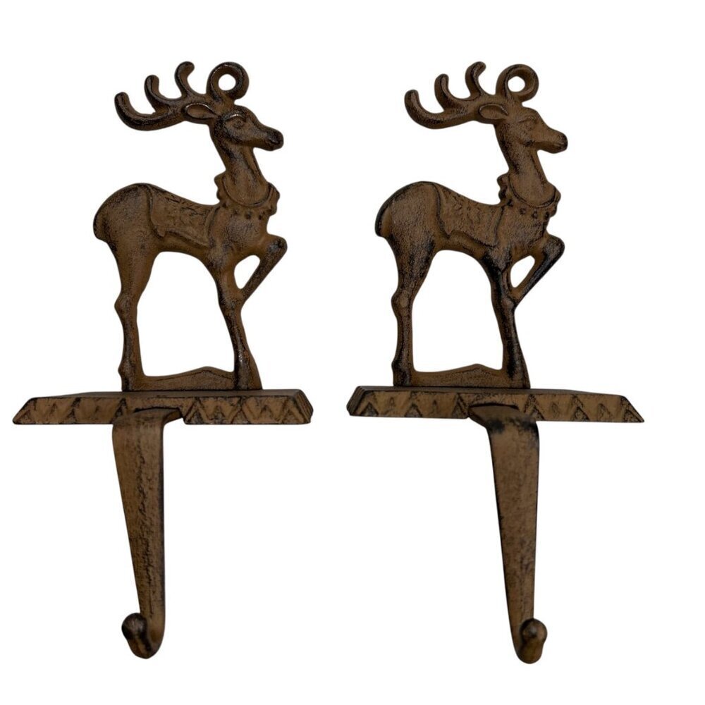 Set of 2 Reindeer Christmas Stocking Holders Cast Iron Rustic Cabincore